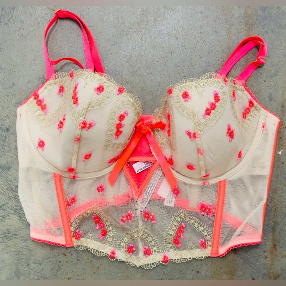 Victoria's Secret Dream Angel Corset Top Neon Pink and Floral Detailing Size 36D